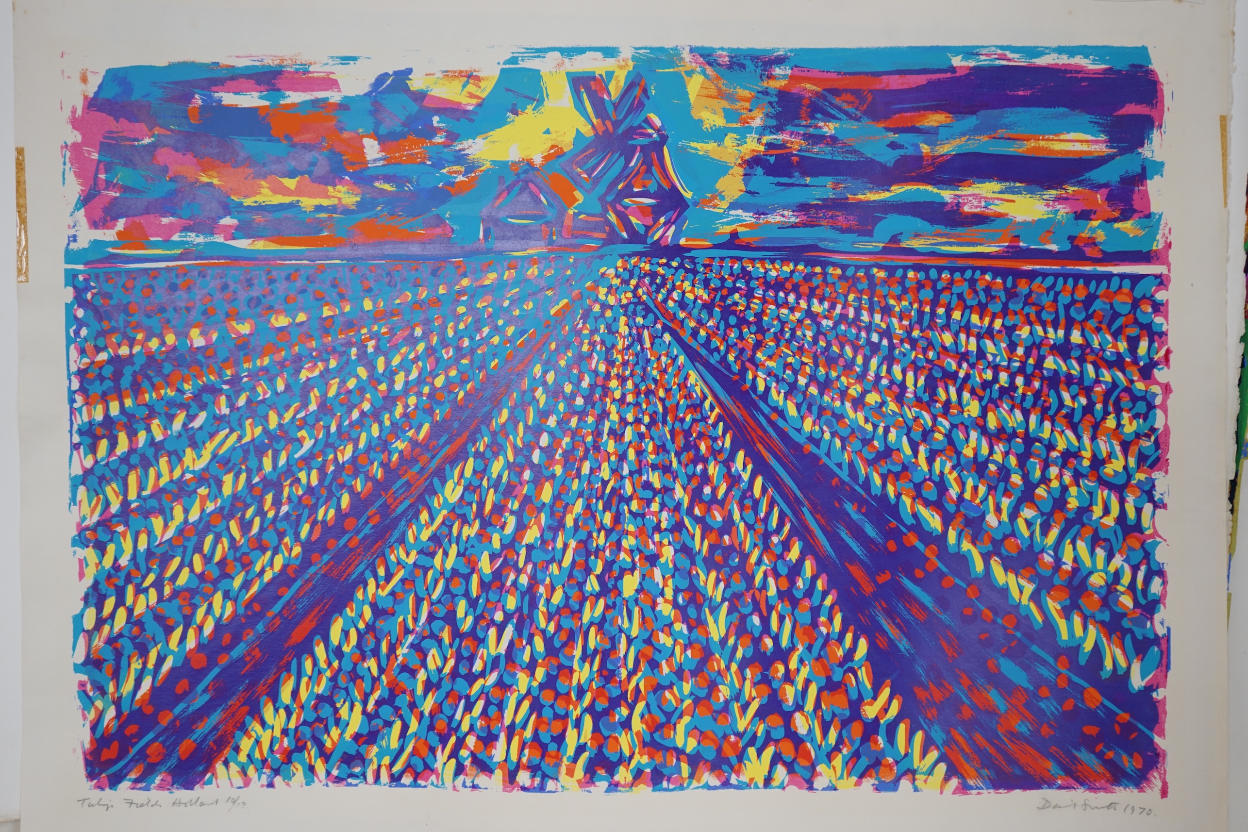 David Smith (British, 1930-1999), six colour screenprints, to include: 'Amsterdam', 'Tulip Fields in Holland' and 'Street Scenes' some signed in pencil and limited edition, largest 101 x 77cm, unframed. Provenance; from